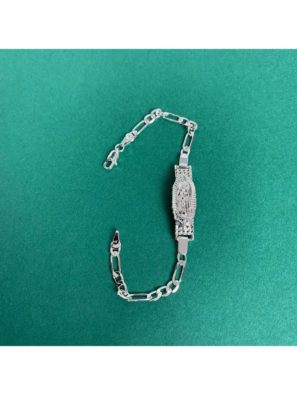 Vintage Y2k Style Silver Saint Marry Cuban Link Figaro Bracelet. Nice quality